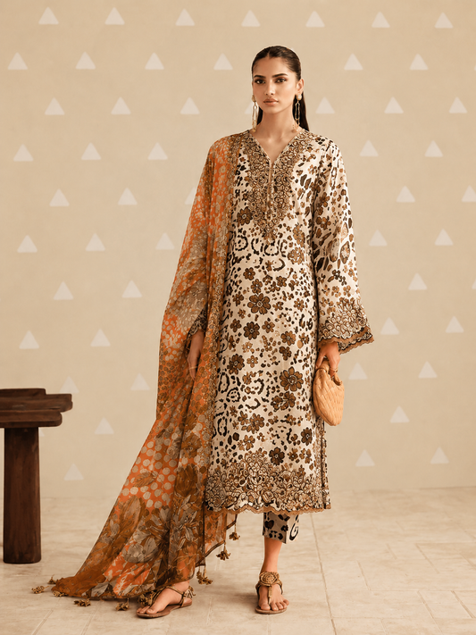 BAROQUE LUXURY LAWN 3PC CHIFFON DOPATTA BROWN SKIN