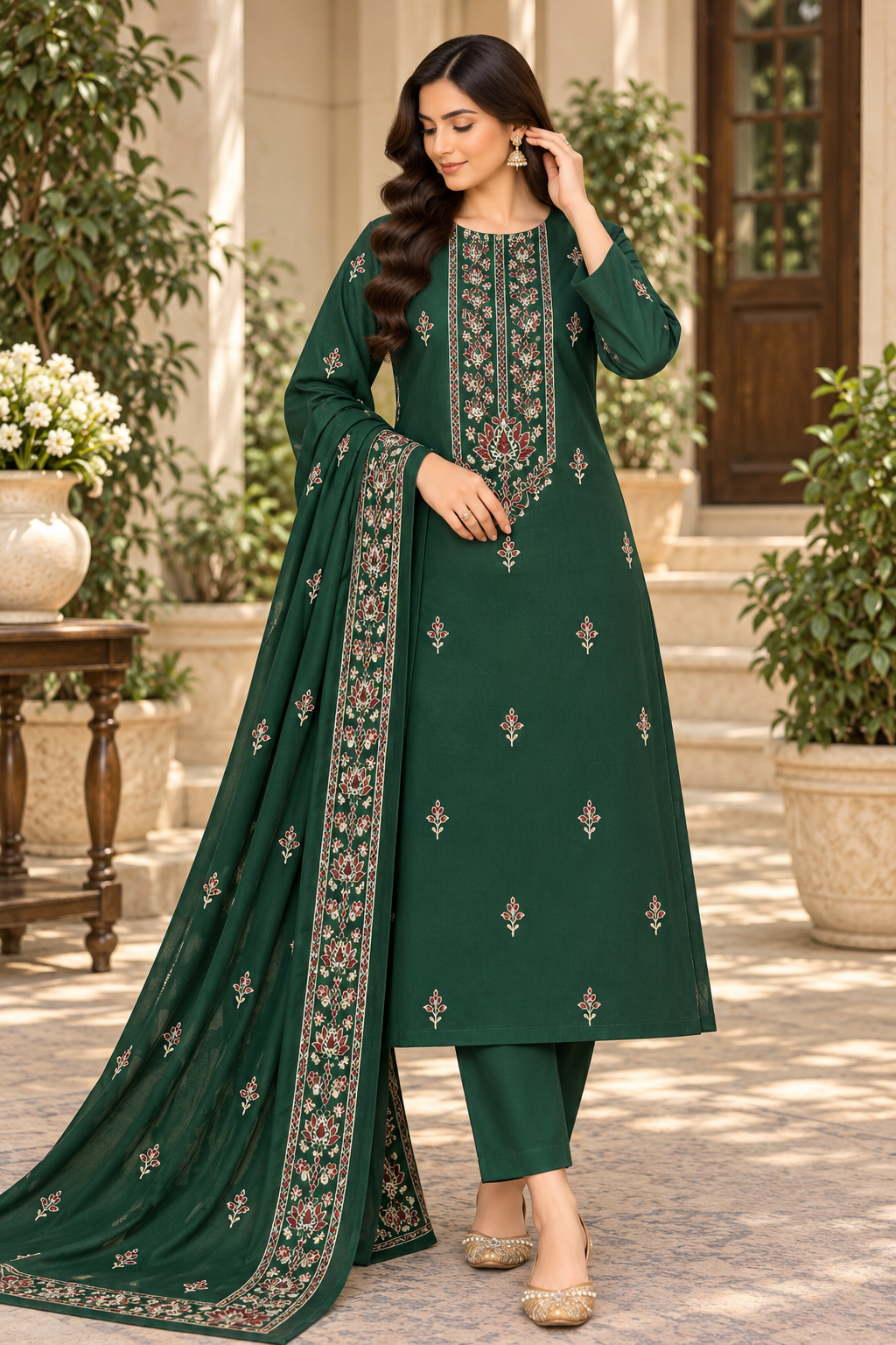 DHANAK EMBROIDERED 3-PIECE GREEN WPM-802