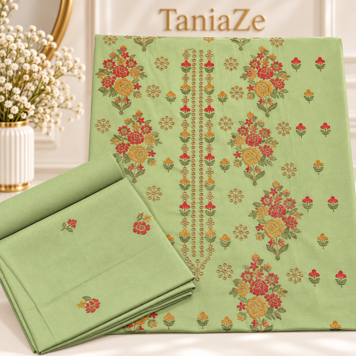 Pista Green Karandi Embroidered 2-Piece Suit – TZAJ-2402