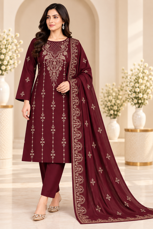 Maroon Dhanak Embroidered 3-Piece Suit – WPM-825