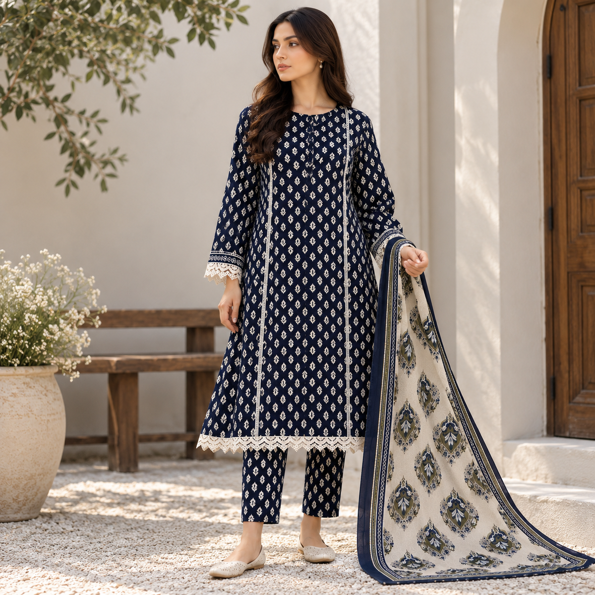 Meher printed khaddar stitched 3 piece suit with khaddar dupatta - TANIAZE