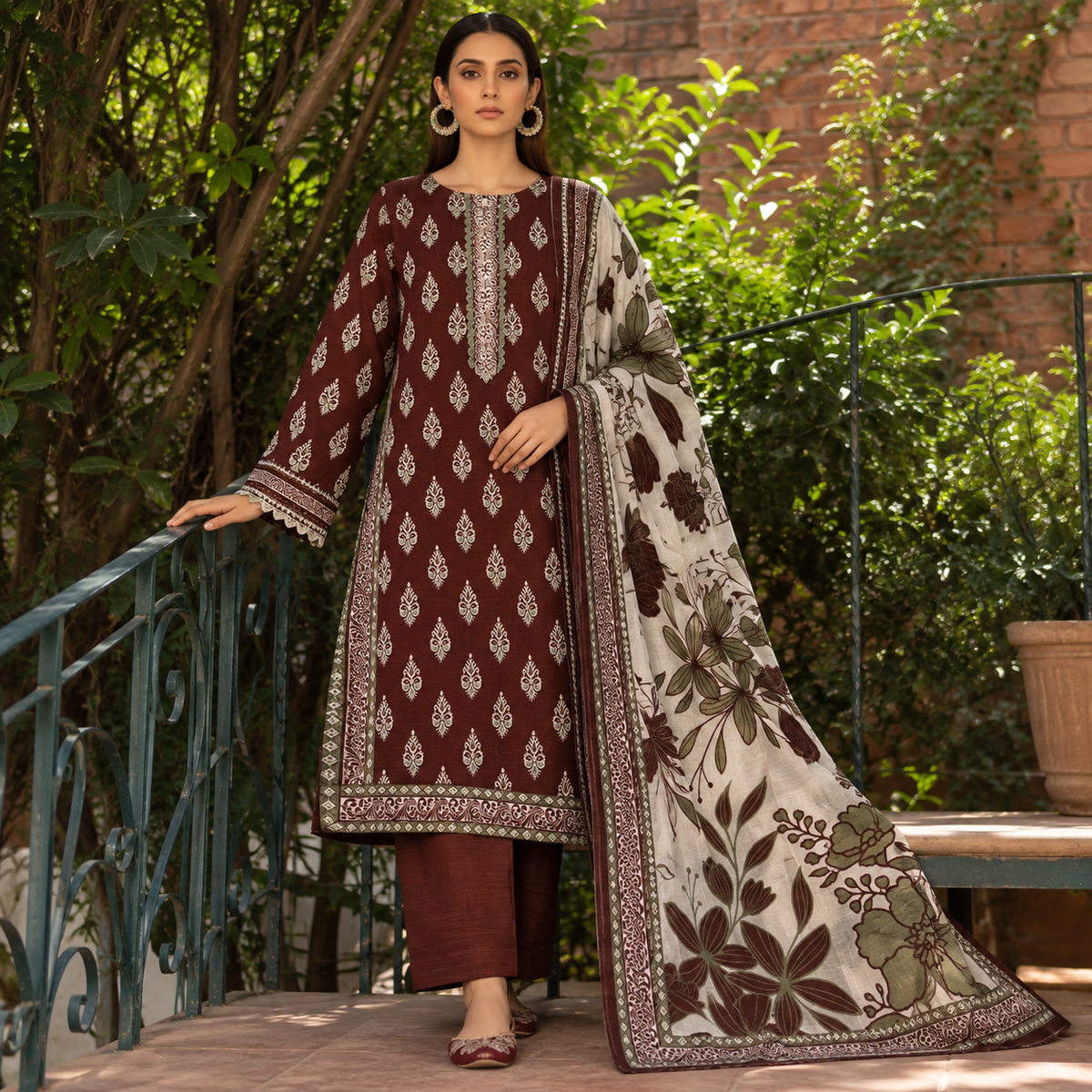 Ayla printed khaddar stitched 3 piece suit with khaddar dupatta - TANIAZE