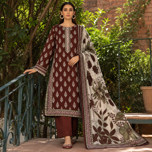 Ayla printed khaddar stitched 3 piece suit with khaddar dupatta - TANIAZE