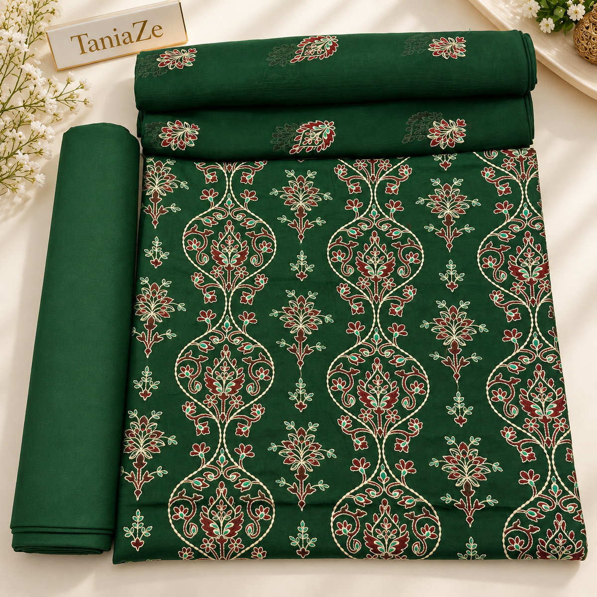 Bottle Green Karandi Embroidered 3-Piece Suit – TZAJ-406