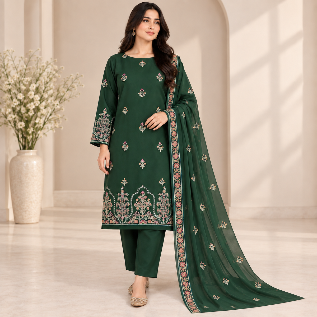 Green Dhanak Embroidered 3-Piece Suit – WPM-816