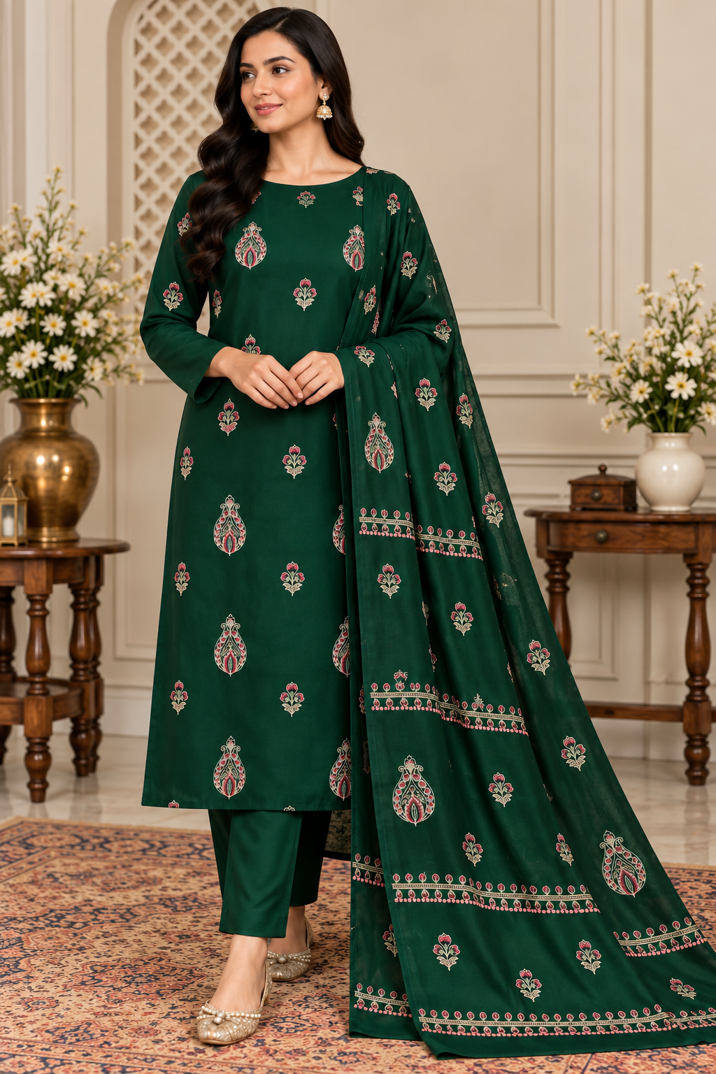 DHANAK EMBROIDERED 3-PIECE GREEN WPM-784