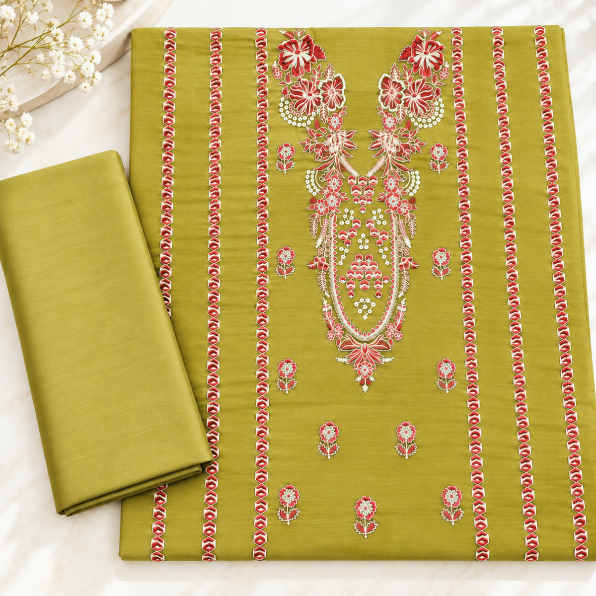 Mustard Yellow Khaddar Embroidered 2-Piece Suit – Design 10100 | TANIAZE