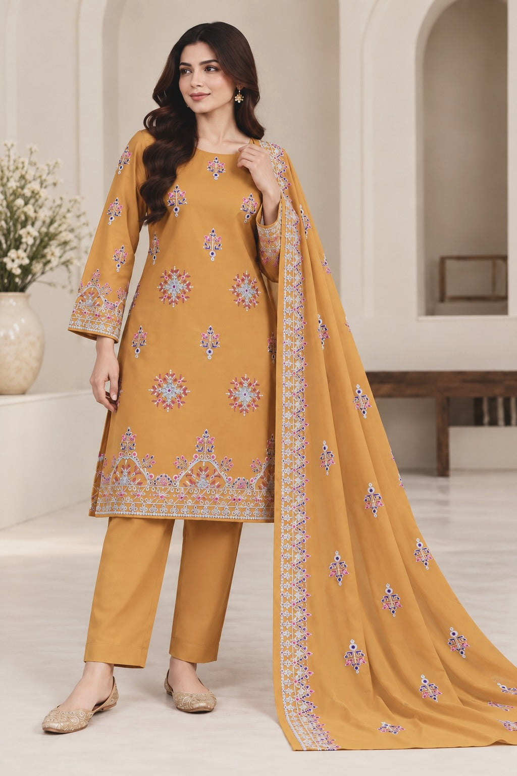 Mustard Yellow Dhanak Embroidered 3-Piece Suit – WPM-819