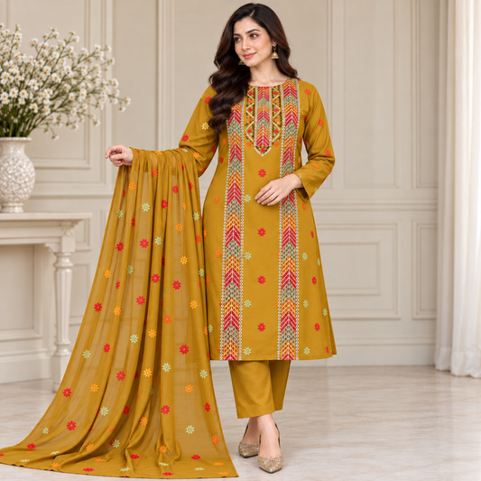 Mustard Yellow Karandi Embroidered 3-Piece Suit – TZAJ-392