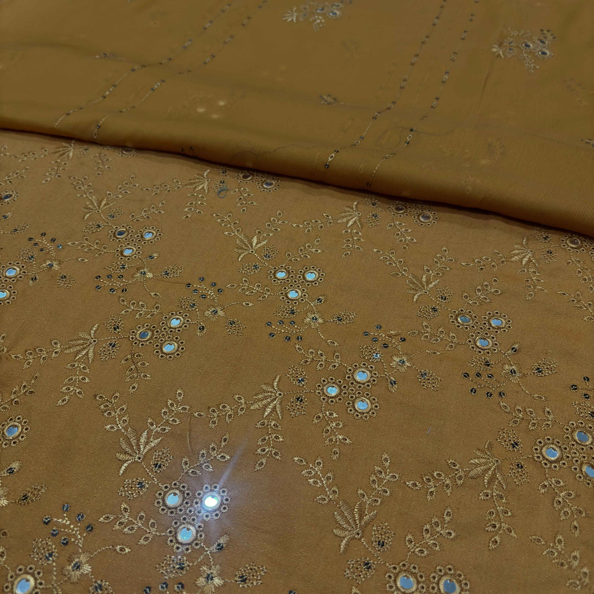 Mustard Beige women's unstitched Karandi embroidered 3-piece suit TZAJ-287 by TANIAZE