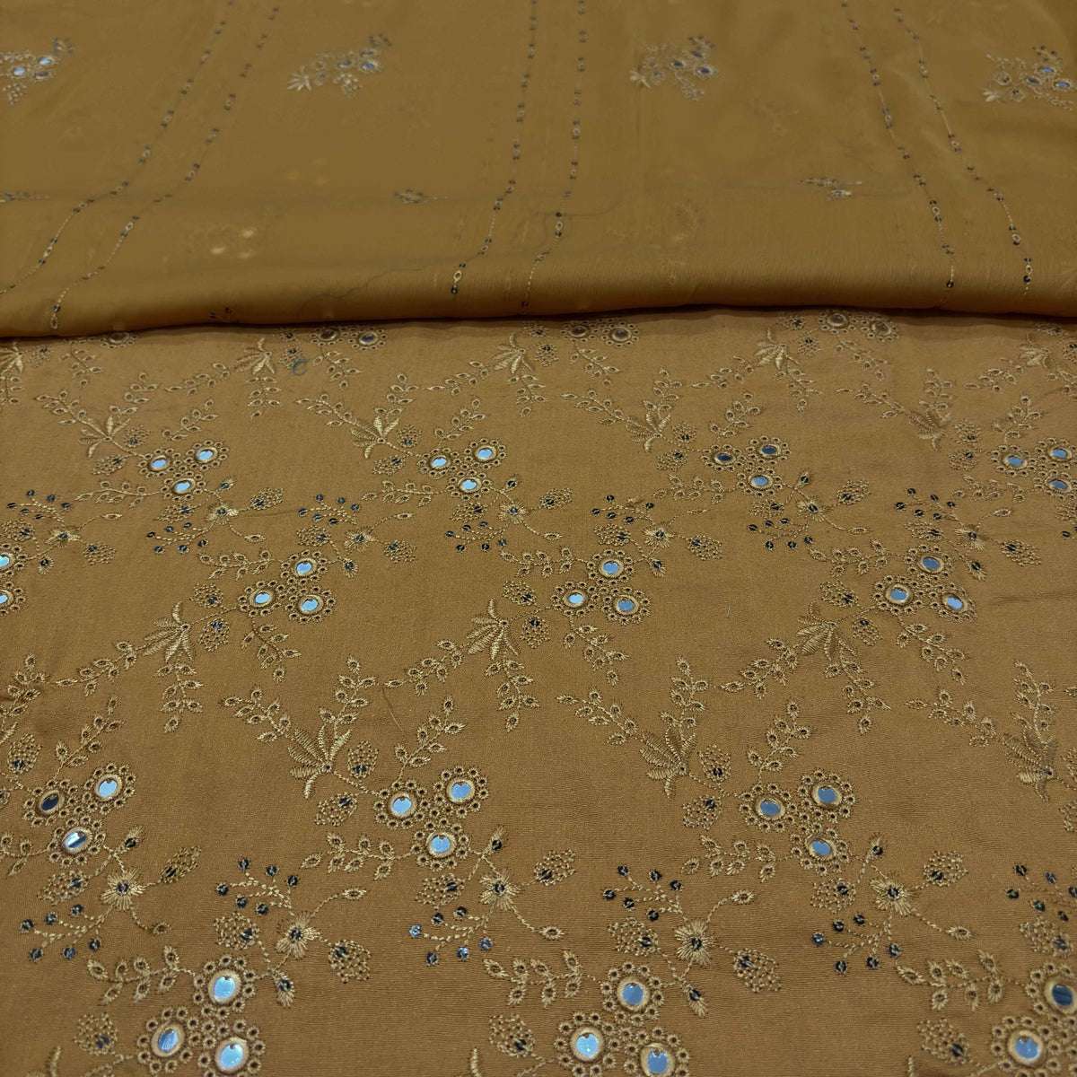 Mustard Beige women's unstitched Karandi embroidered 3-piece suit TZAJ-287 by TANIAZE
