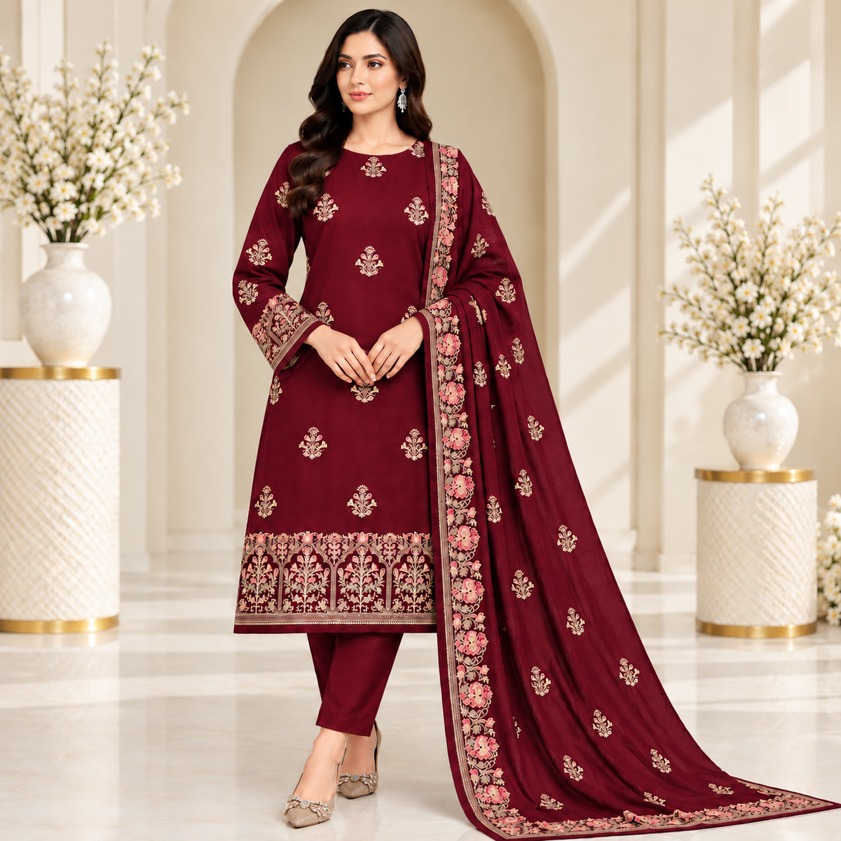 Maroon Dhanak Embroidered 3-Piece Suit – WPM-821