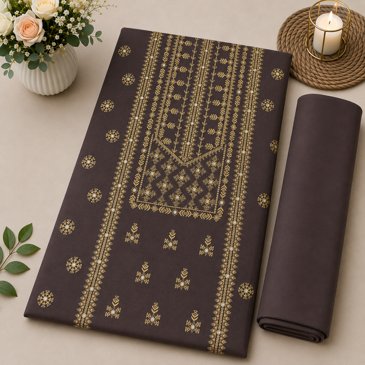 Brown Khaddar Embroidered 2-Piece Suit – Design 301