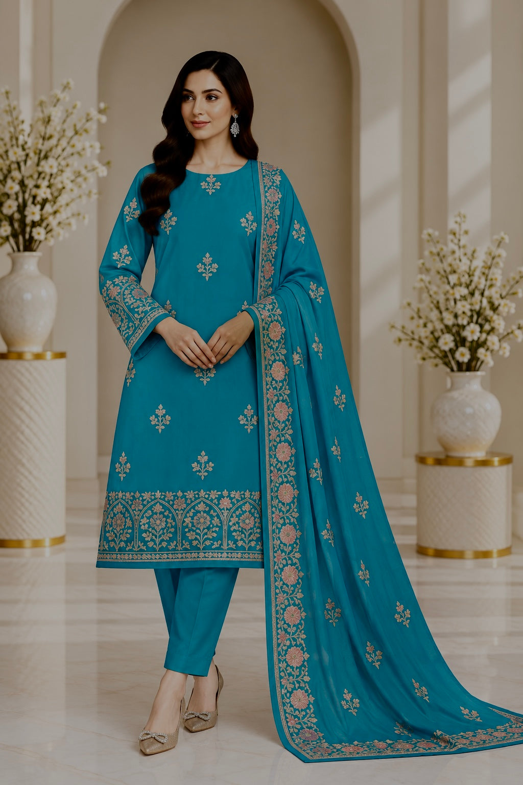 Blue Dhanak Embroidered 3-Piece Suit – WPM-823