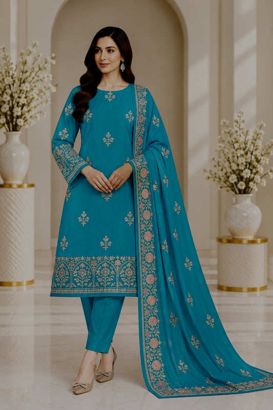 Blue Dhanak Embroidered 3-Piece Suit – WPM-823