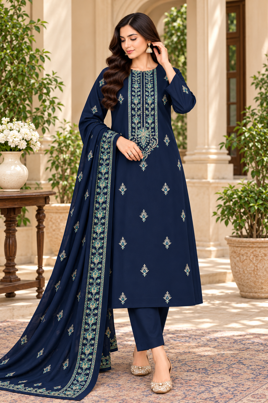 DHANAK EMBROIDERED 3-PIECE BLUE WPM-801