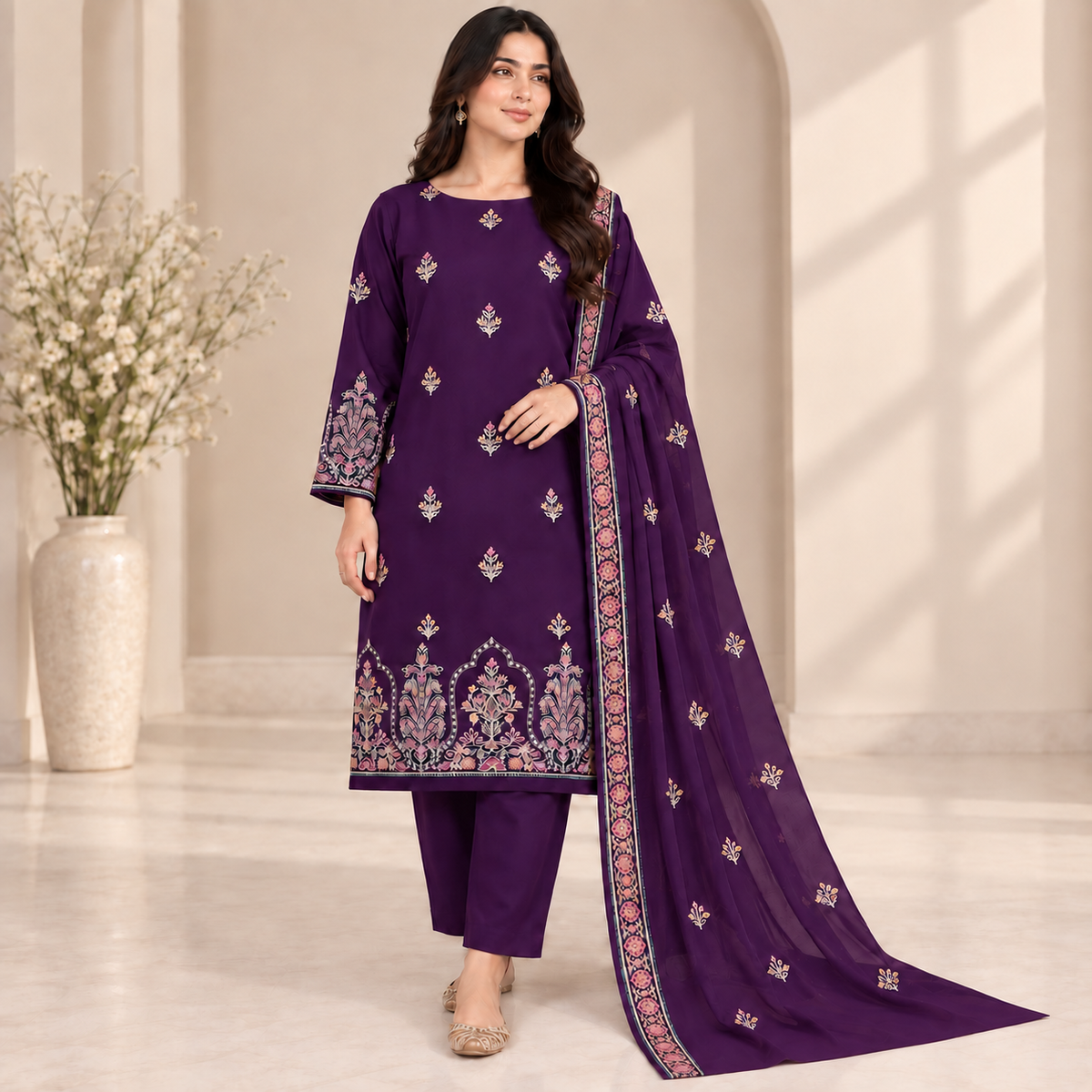 Purple Dhanak Embroidered 3-Piece Suit – WPM-815