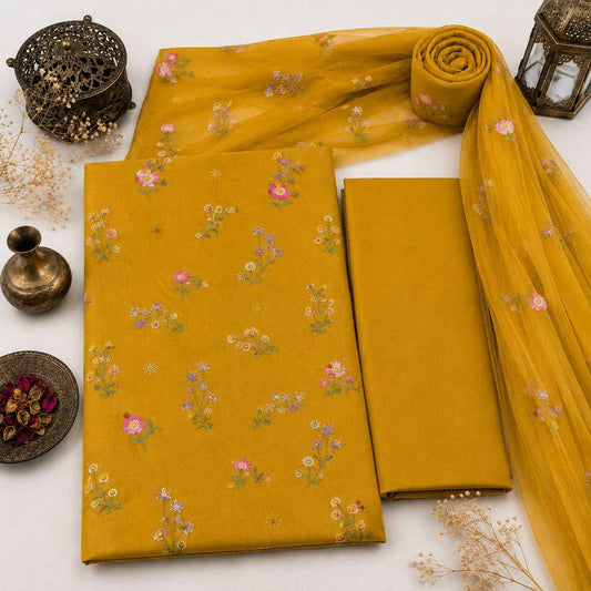 Mustard Yellow Karandi Embroidered 3-Piece Suit – TZAJ-386 – Image 1 | TANIAZE