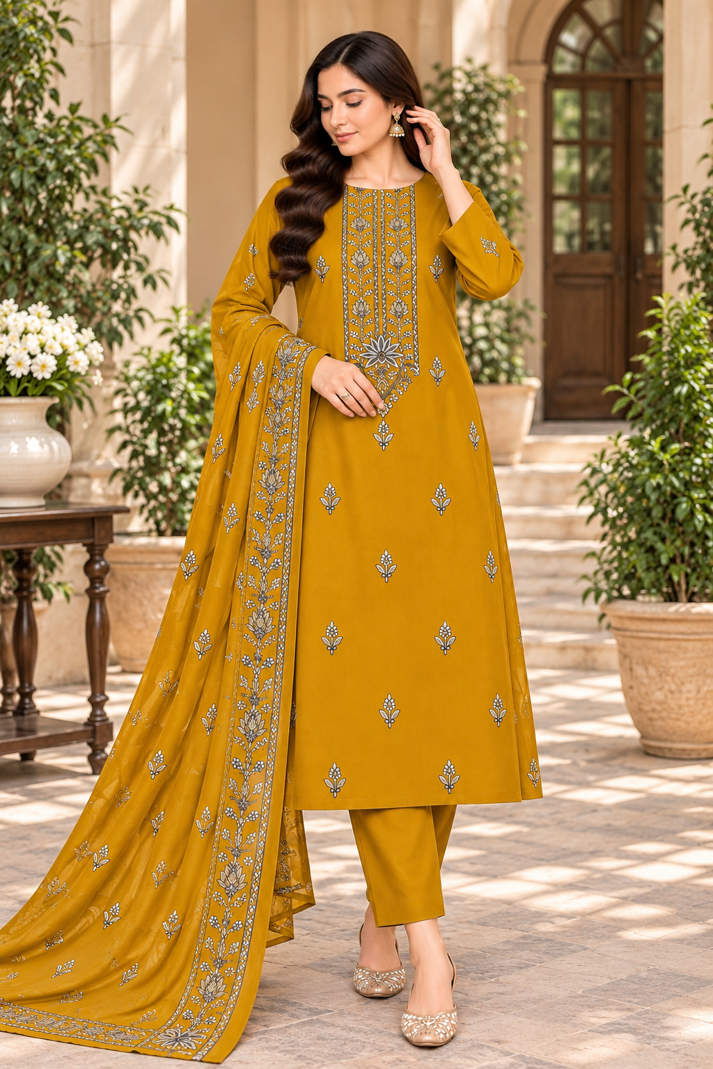 DHANAK EMBROIDERED 3-PIECE MUSTARD YELLOW WPM-804