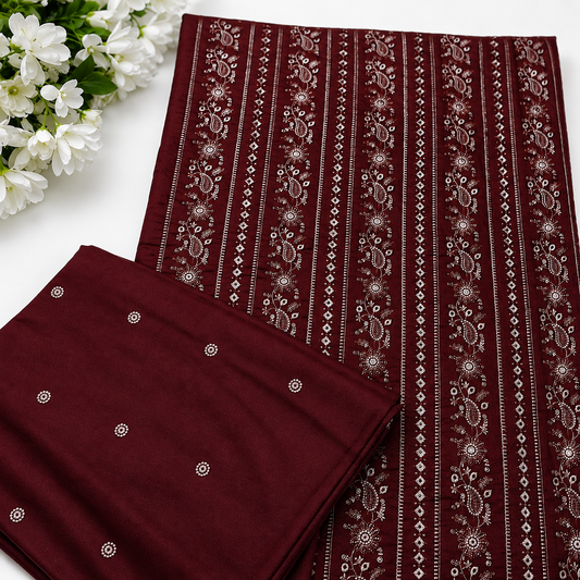 Maroon women's unstitched Karandi embroidered 2-piece suit TZAJ-2384 by TANIAZE