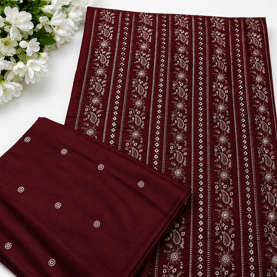 Maroon unstitched Karandi embroidered 2-piece suit TZAJ-2384 by TANIAZE — shirt and trouser