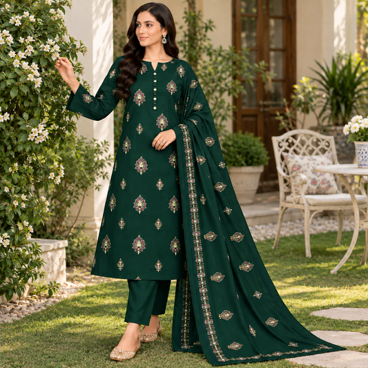 Green Dhanak Embroidered 3-Piece Suit – WPM-812 – Image 1 | TANIAZE