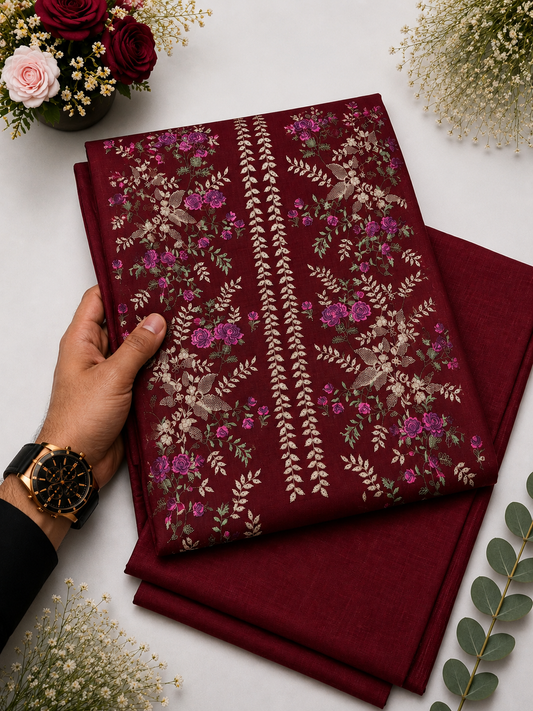 Maroon Khaddar Embroidered 2-Piece Suit – Design 247 – Image 1 | TANIAZE