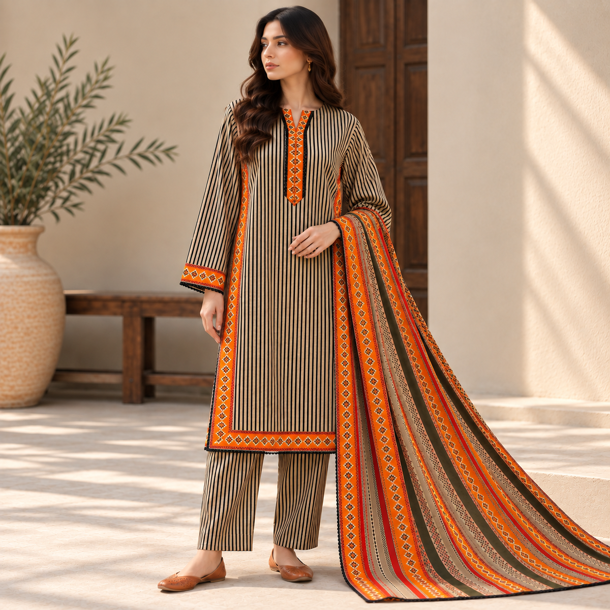 Zareen printed khaddar stitched 3 piece suit with khaddar dupatta - TANIAZE