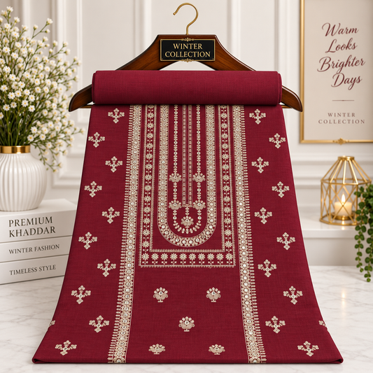 Maroon Khaddar Embroidered 2-Piece Suit – Design 287 – Image 1 | TANIAZE