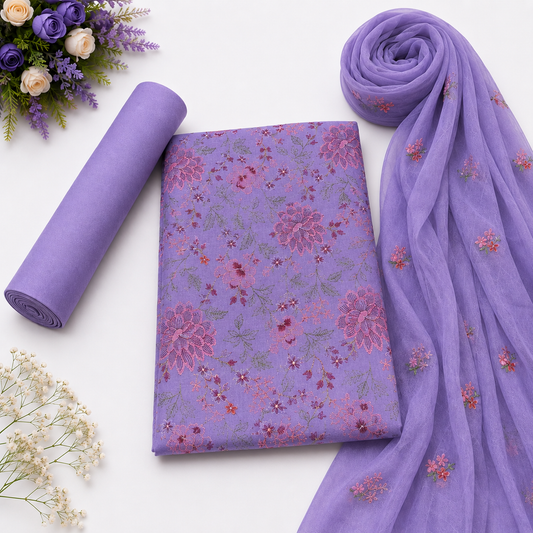 Lavender Karandi Embroidered 3-Piece Suit – TZAJ-364 – Image 1 | TANIAZE