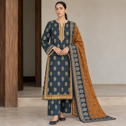 Elara printed khaddar stitched 3 piece suit with khaddar dupatta - TANIAZE