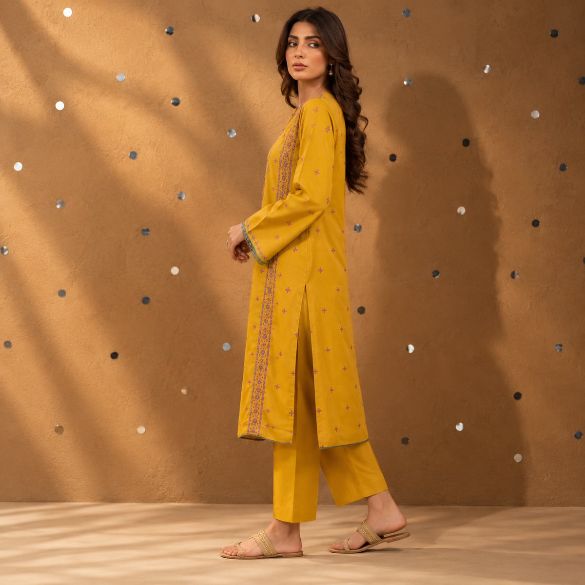 Mustard Yellow | Embroidered Karandi Stitched 2-Piece | WKS-16 — product photograph 3 | TANIAZE
