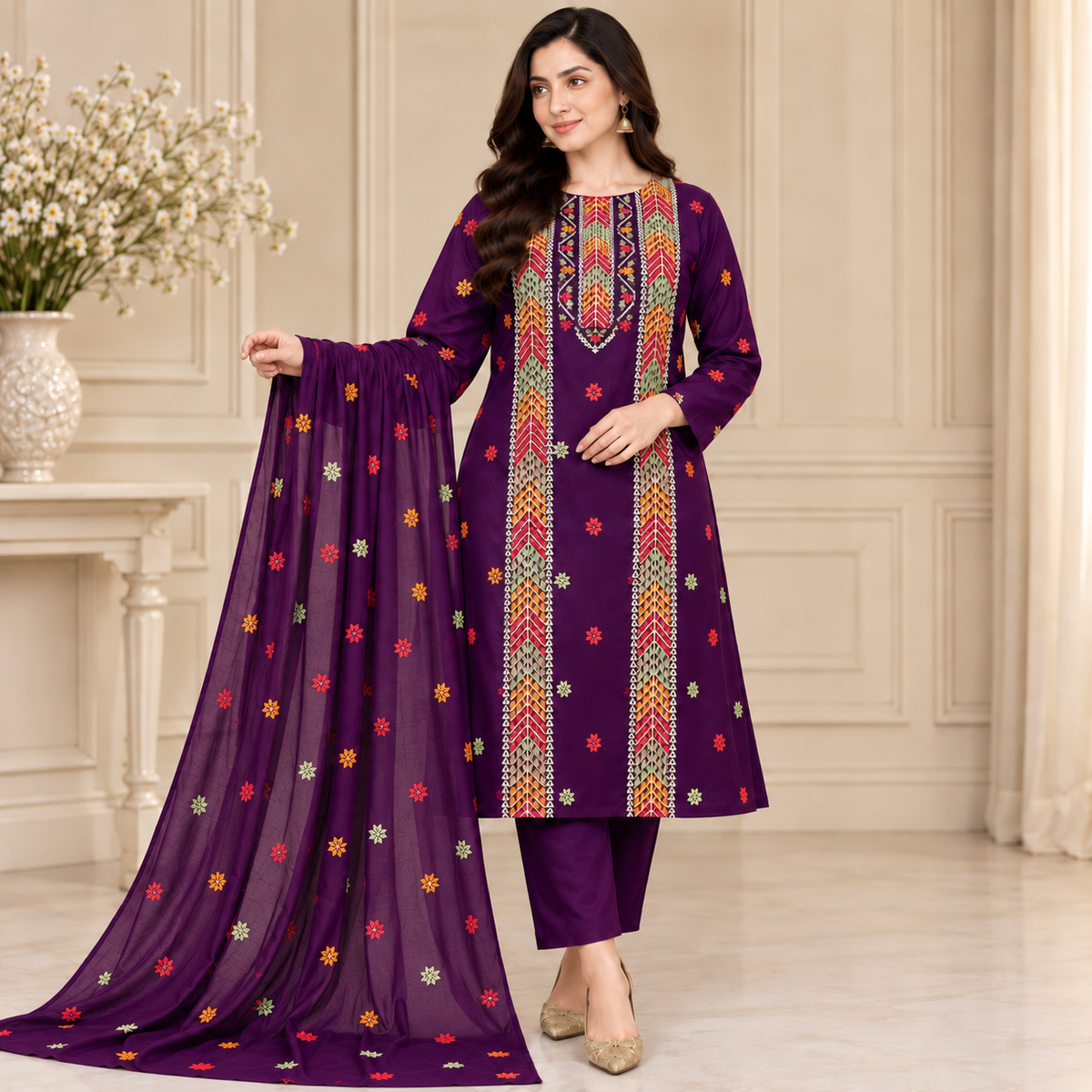 Deep Purple Karandi Embroidered 3-Piece Suit – TZAJ-391 | TANIAZE