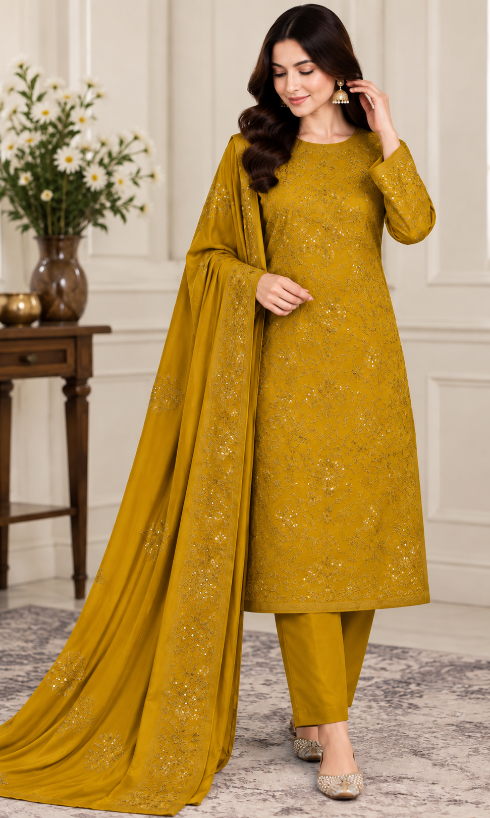 DHANAK EMBROIDERED 3-PIECE MUSTARD YELLOW WPM-808