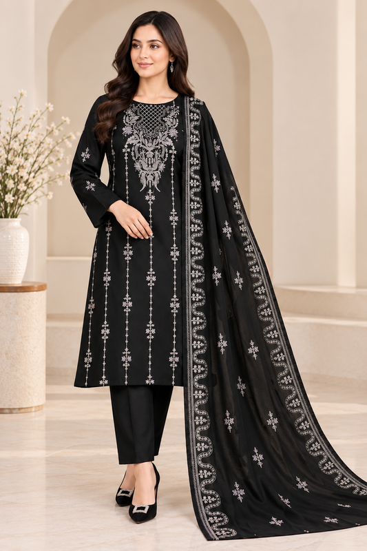 Black Dhanak Embroidered 3-Piece Suit – WPM-824