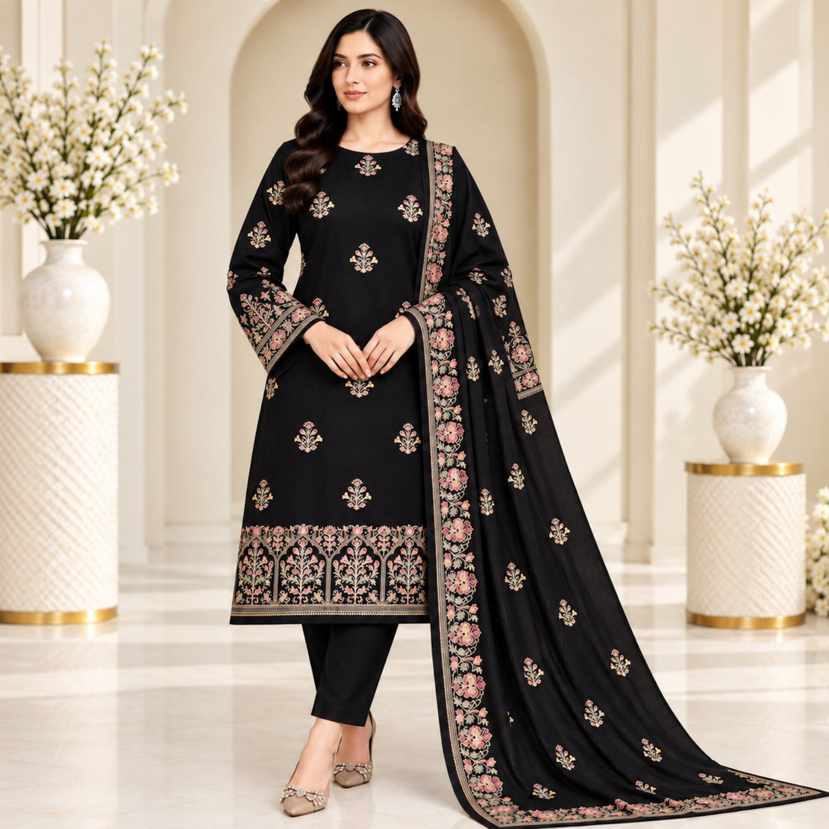 Black Dhanak embroidered 3-piece suit with embroidered shawl – Design 10096