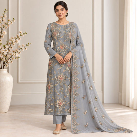 Steel Blue Floral Chiffon Design 10001 — model styling