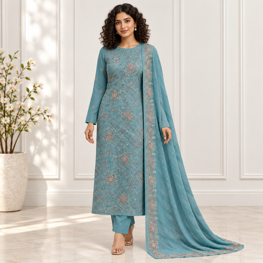 Teal Blossom Embroidered Chiffon 2-Piece – Design 10002 — model styling