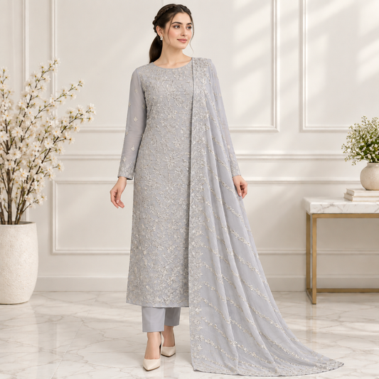 Pearl Grey Lace Embroidered Chiffon 2-Piece – Design 10003 — model styling