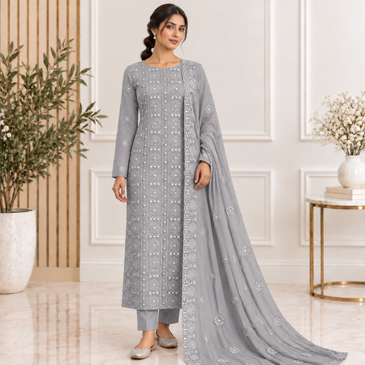 Silver Grey Mirror Embroidered Chiffon 2-Piece – Design 10006 — model styling