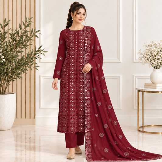 Maroon Mirror Embroidered Chiffon 2-Piece – Design 10007 — model styling