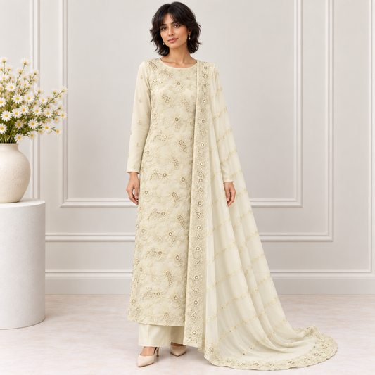 Ivory Lace Embroidered Chiffon 2-Piece – Design 10008 — model styling