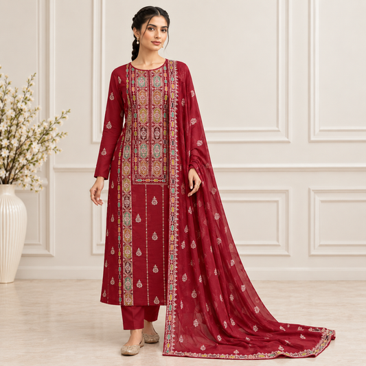 Maroon Heritage Embroidered Chiffon 2-Piece – Design 10009 — model styling