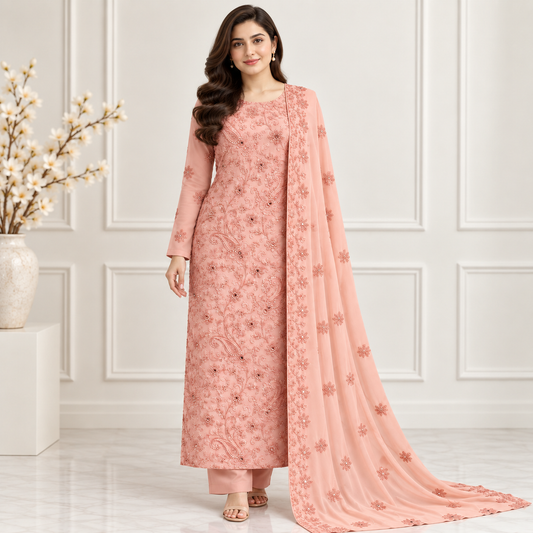 Coral Paisley Embroidered Chiffon 2-Piece – Design 10010 — model styling