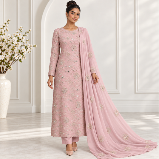 Blush Pink Floral Embroidered Chiffon 2-Piece – Design 10011 — model styling