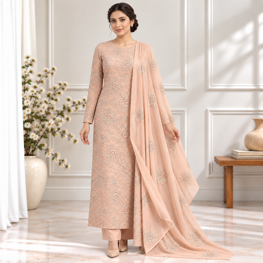 Peach Silver Floral Embroidered Chiffon 2-Piece – Design 10012 — model styling