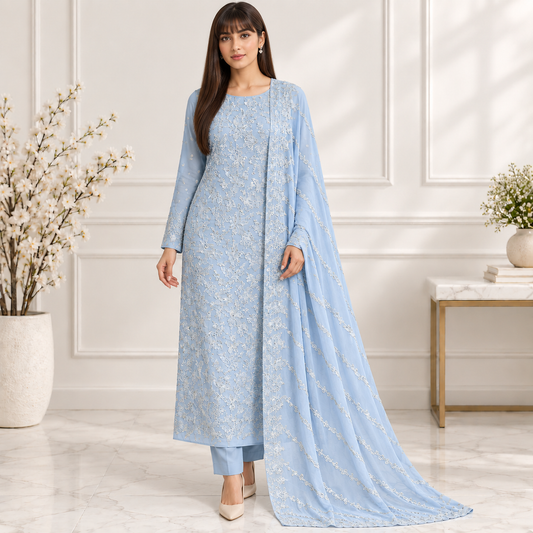 Powder Blue Lace Embroidered Chiffon 2-Piece – Design 10013 — model styling