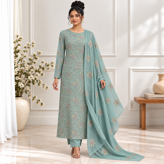Dusty Teal Floral Embroidered Chiffon 2-Piece – Design 10014 — model styling