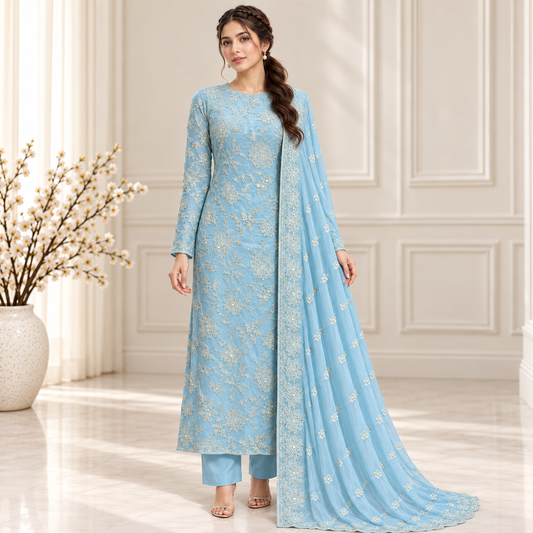 Sky Blue Silver Floral Embroidered Chiffon 2-Piece – Design 10016 — model styling