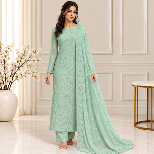 Mint Lace Embroidered Chiffon 2-Piece – Design 10017 — model styling